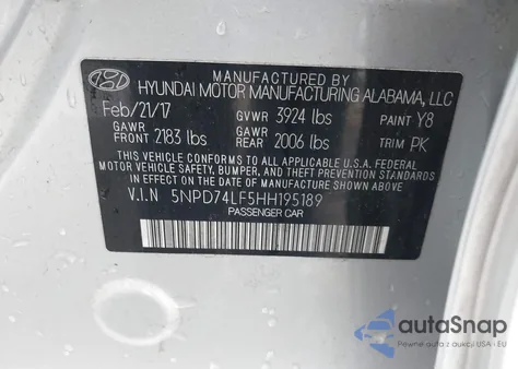 2017 Hyundai Elantra Se z USA, uszkodzony, nr VIN 5NPD74LF5HH195189